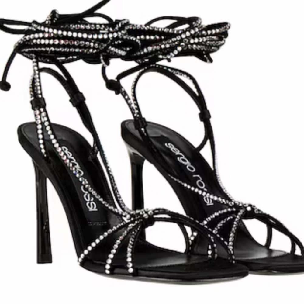 Sergio Rossi Black Crystal Lace-Up Stiletto Sandals 4 inch heel